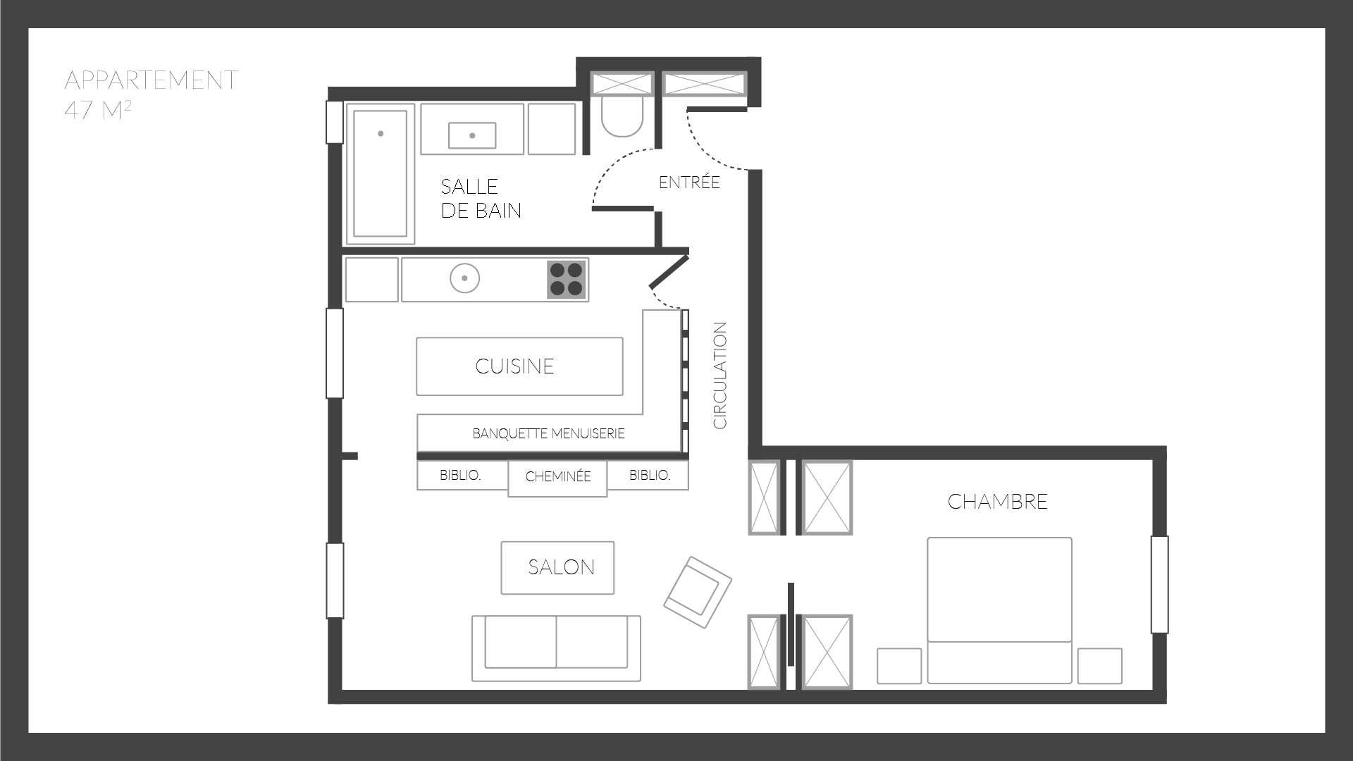 plan d'un appartement de 45m2
